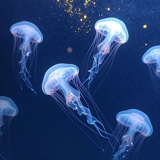 Photograph of glowing blue jellyfish with translucent, flowing tentacles against a dark blue underwater background, dotted with sparkling yellow lights.