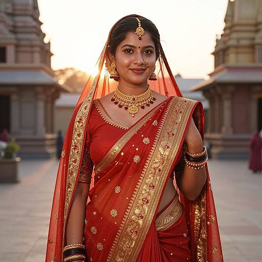 Traditional Hindu Woman in Saree at Sunrise