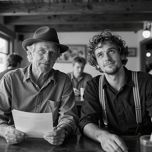 Black and White Portrait of Two Men in Rustic Bar