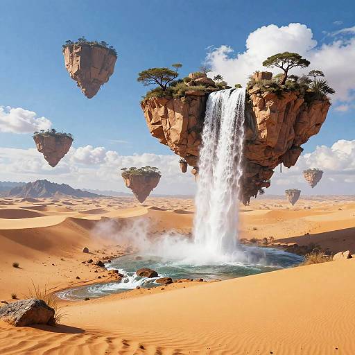 Digital art of floating islands with waterfalls in an orange desert, featuring lush green trees, clear blue sky, and scattered clouds.