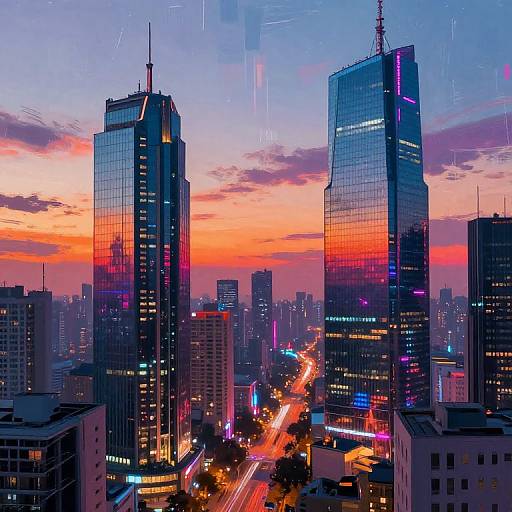 Photograph of a cityscape at sunset, featuring two tall glass skyscrapers with colorful reflections, illuminated streets, and a vibrant orange-pink sky
