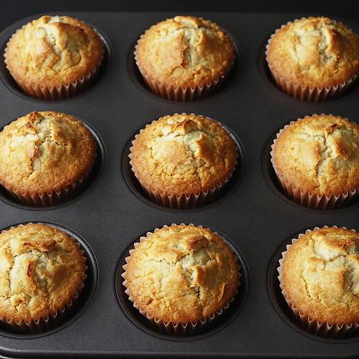 Photograph of nine golden-brown muffins with slightly cracked tops, evenly spaced in a black muffin tray, showcasing a warm, baked texture.
