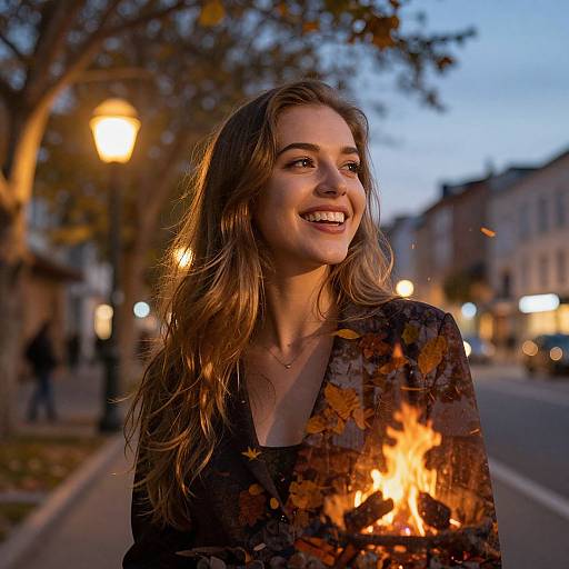 Photograph of a smiling young woman with long, wavy brown hair, wearing a floral top, holding a glowing fire in an evening urban street with