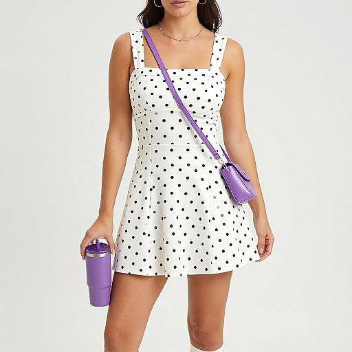 Photograph of a woman in a white, sleeveless, black polka dot dress holding a purple water bottle and matching crossbody purse.