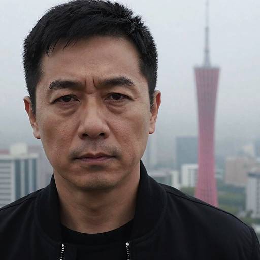 Serious Man in Foggy Cityscape