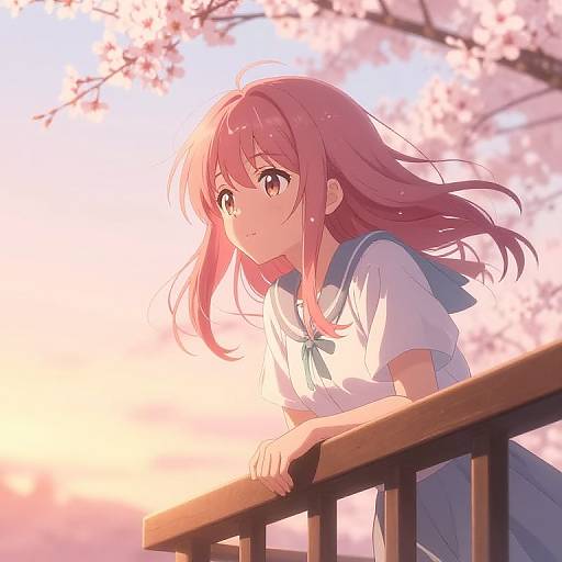 Anime-style digital drawing of a pink-haired girl in a white sailor uniform, gazing upward, hands on a wooden railing, surrounded by blooming cherry