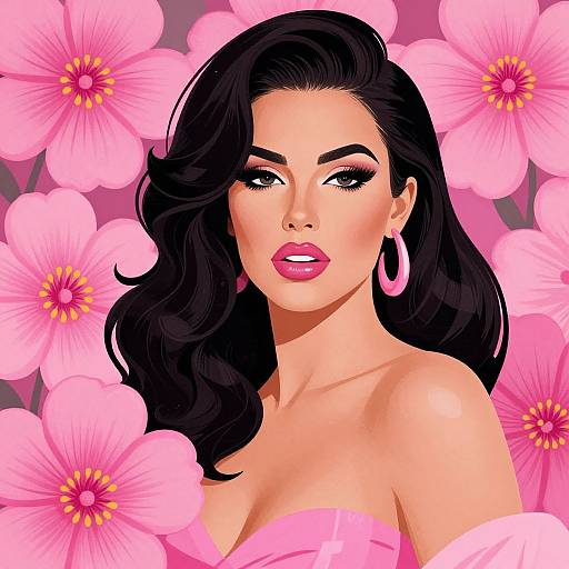 Digital illustration of a beautiful woman with dark, wavy hair, pink lipstick, and hoop earrings, surrounded by vibrant pink flowers.