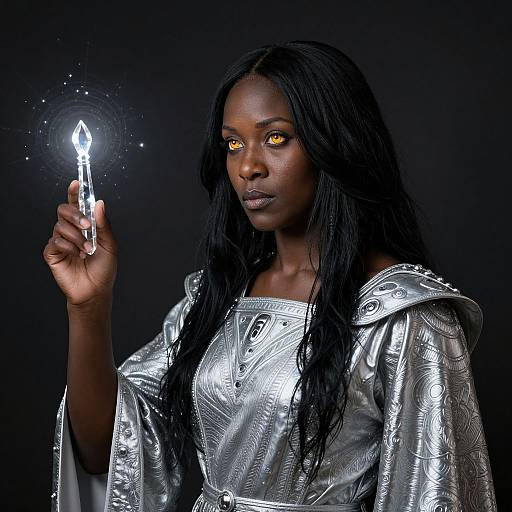 Photograph of a dark-skinned woman with glowing yellow eyes, long black hair, wearing a shiny silver robe, holding a glowing wand. Black background