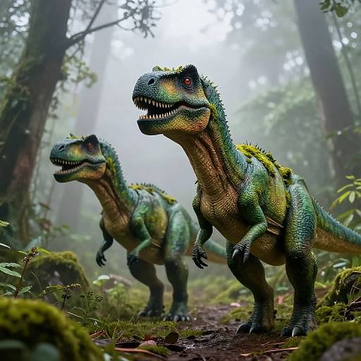 Photorealistic CGI of two green, yellow-scaled, ferocious dinosaurs with sharp teeth in a misty, lush forest, standing on a moss