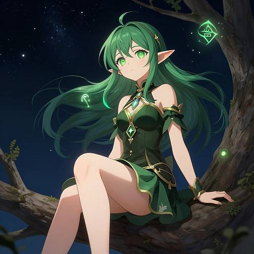 Digital anime-style artwork of a green-haired, green-eyed elf girl with pointed ears, sitting on a tree branch at night, wearing a dark green dress