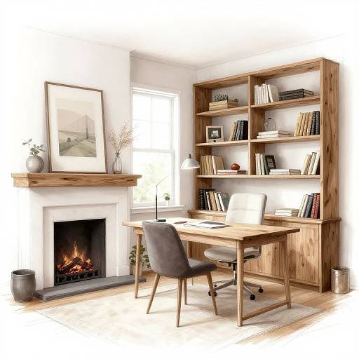 Photograph of a modern, cozy home office with wooden bookshelf, desk, gray chair, lit fireplace, art on mantle, and sunlight.