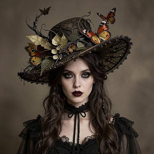 Gothic portrait of pale woman with dark makeup, black lace dress, and intricate hat adorned with butterflies and leaves.