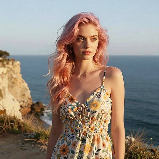 Photograph of a fair-skinned woman with pink wavy hair, wearing a floral sundress, standing on a cliff overlooking the ocean.