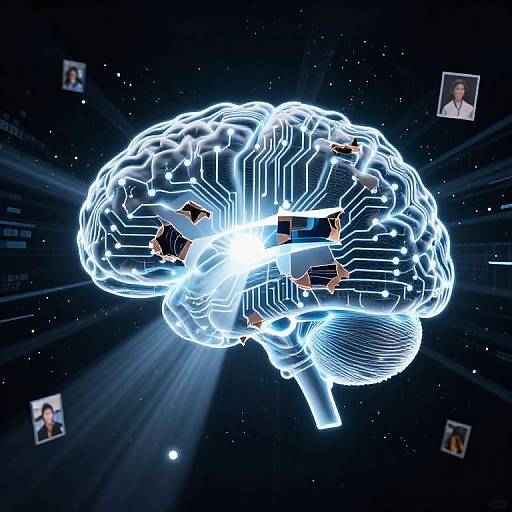 Digital CGI of a glowing, neon-blue brain with circuitry, surrounded by dark space, featuring floating profile pictures.