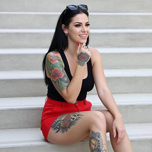 Smiling Woman with Tattoos on Steps