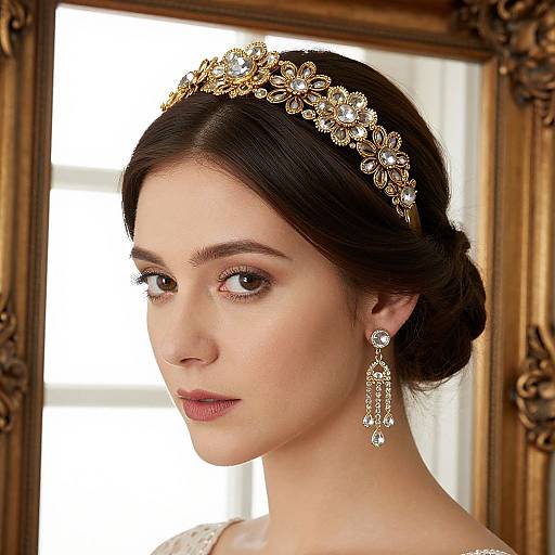 Photograph of a fair-skinned woman with dark brown hair, wearing a gold floral tiara, matching earrings, and a white gown, against a