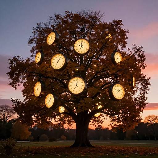 Photograph of a large tree with illuminated, glowing clock faces at sunset, showcasing a purple, pink, and orange sky backdrop.