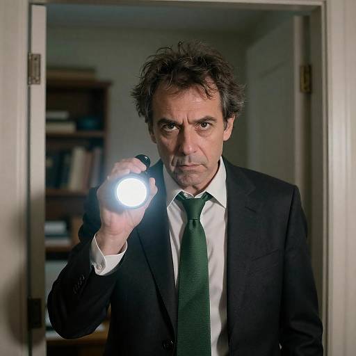 Intense Middle-Aged Man with Flashlight