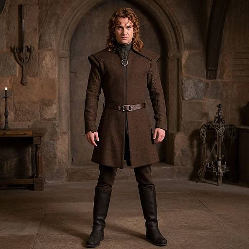 Photograph of a tall, dark-haired man in a medieval-style black coat with belt, standing in a dimly lit stone castle room.