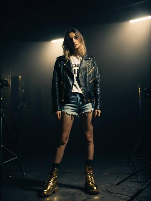 Woman in Leather Jacket and Denim Shorts