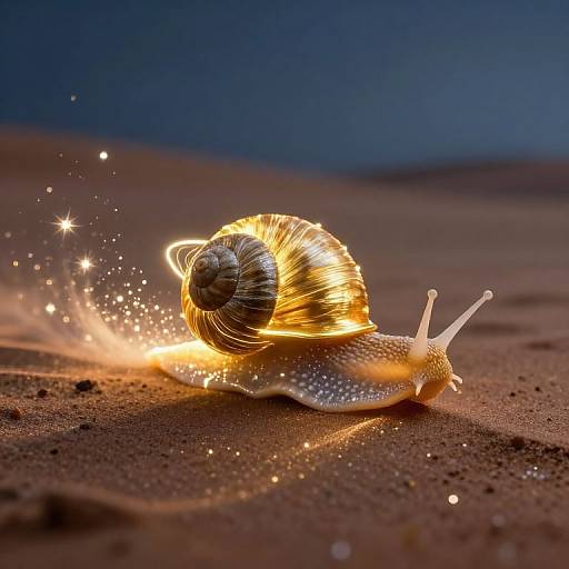 Photograph of a glowing snail on a dark sand beach, with sparkling light trails and star-like reflections on its shell.