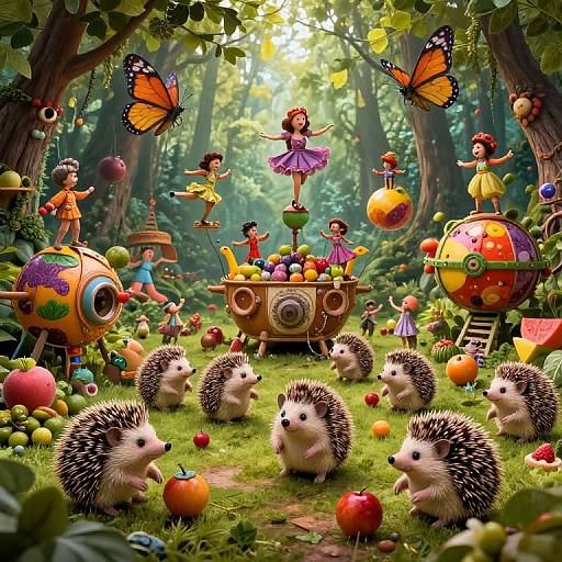 Whimsical forest scene: colorful children, butterflies, hedgehogs, apples, and vibrant orbs surround a central fountain, bathed in sunlight.