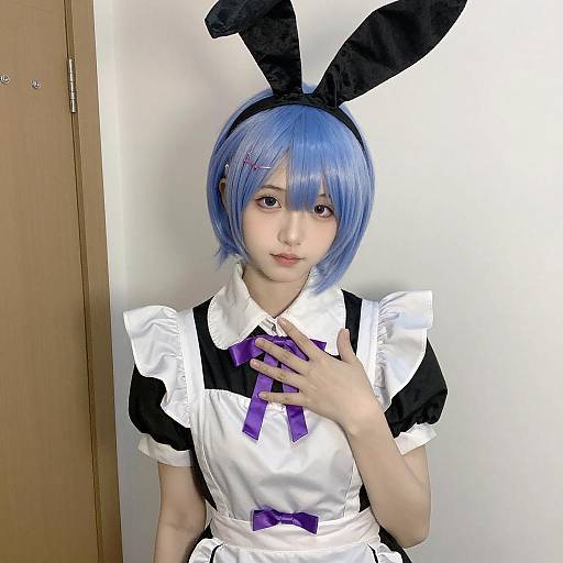 Shy Blue-Haired Maid with Bunny Ears