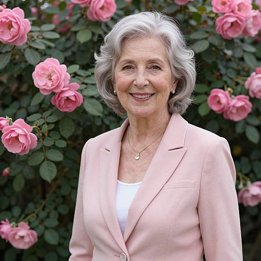 Photograph of an older woman with short gray hair, wearing a pink blazer and white top, smiling against a backdrop of pink roses.