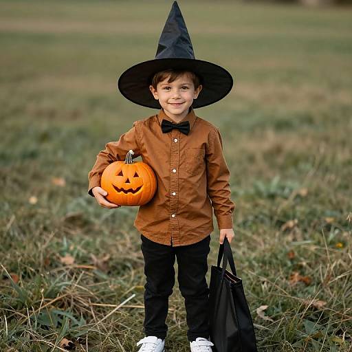 Boy in Witch Hat with Pumpkin