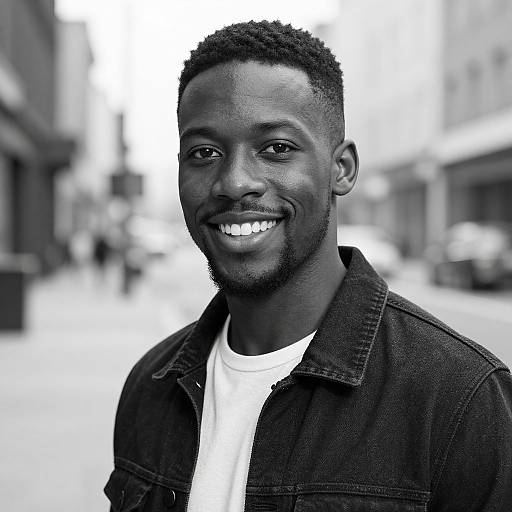 Black and white photo of a smiling young Black man with short curly hair, wearing a denim jacket over a white shirt, standing in a blurred urban street