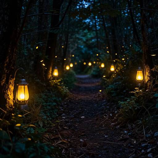 Photograph of a dimly lit forest path at night, illuminated by warm, glowing lanterns hanging from trees, creating a magical, serene ambiance.