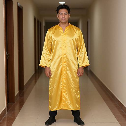 Photograph of a young man with medium brown skin, black hair, wearing a shiny golden satin kurta, black pants, and black shoes, standing