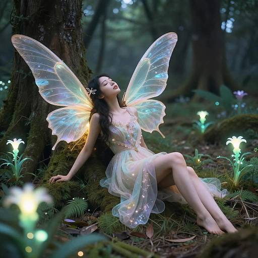 Photograph of a fair-skinned, dark-haired fairy with glowing wings, wearing a translucent, sparkly dress, leaning against a forest tree surrounded by