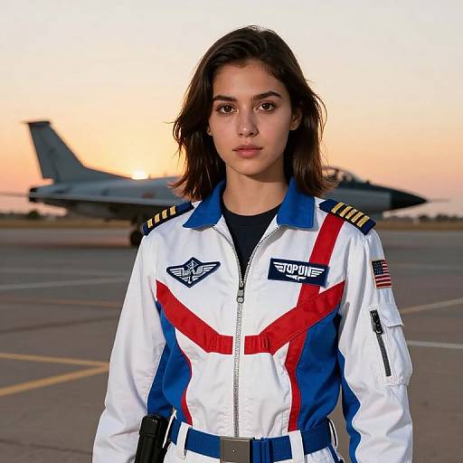 Photograph of a young woman with medium-length brown hair, wearing a white, blue, and red racing suit, standing in front of a military jet
