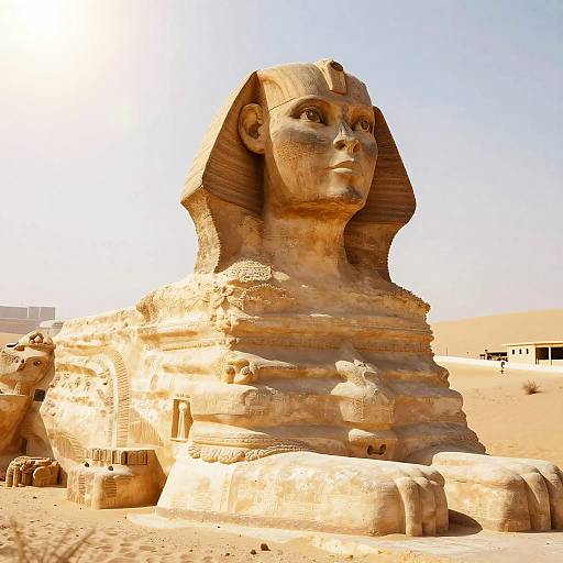 Photograph of a large, detailed sandstone statue of an ancient Egyptian pharaoh with a nemes headdress, set in a bright, sandy desert