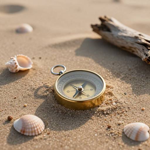 Photograph of a gold compass with a black needle, surrounded by three seashells and a piece of driftwood on sandy beach.