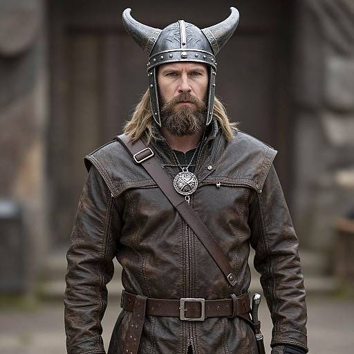 Photograph of a bearded man with long hair, wearing a black Viking helmet with horns, leather armor, and a pendant, standing in front of