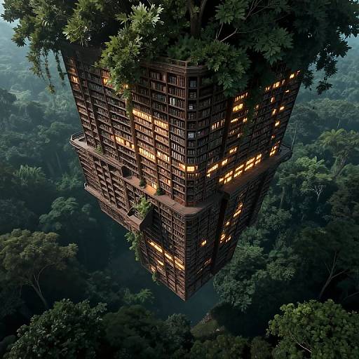 Photorealistic digital artwork of a towering, square, wooden building with lit windows, surrounded by dense, green jungle, floating mid-air.