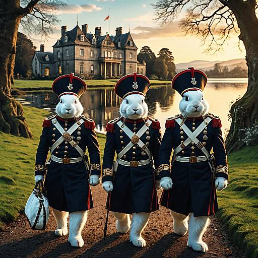 Rabbits in Georgian Military Uniforms by Lake