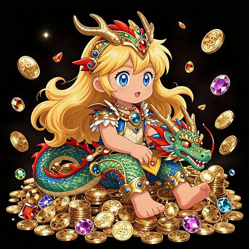 Anime-style drawing of a blonde, blue-eyed child with dragon accessories, sitting among scattered gold coins and colorful gems, against a black background.