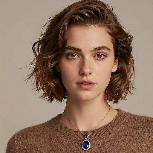 Young Woman with Short Wavy Hair and Blue Gemstone Pendant