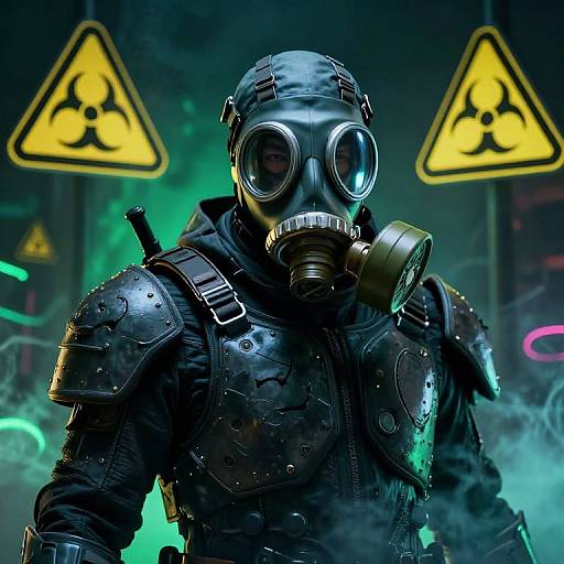 Photorealistic image of a soldier in black armored gear, wearing a gas mask with round goggles, standing in a neon-lit, hazardous area with