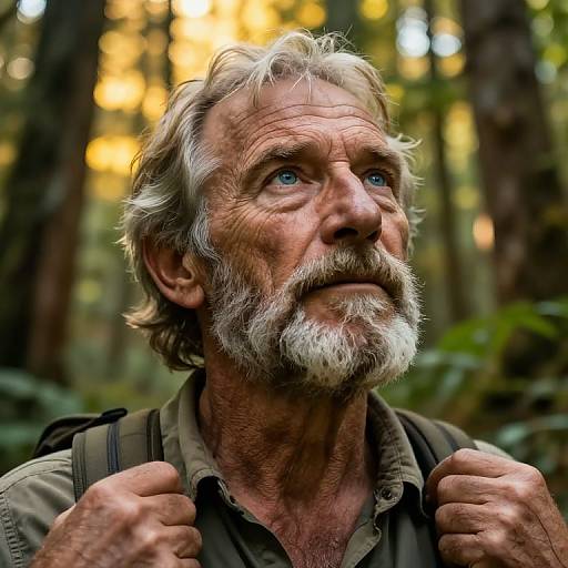 Photograph of an elderly man with white hair and beard, blue eyes, in a forest, wearing a green shirt, looking upward, gripping suspenders