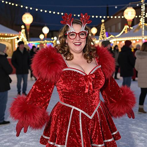 Photograph of a smiling woman in a red sequin dress with fur trim, reindeer antlers, and red glasses, standing on an ice r