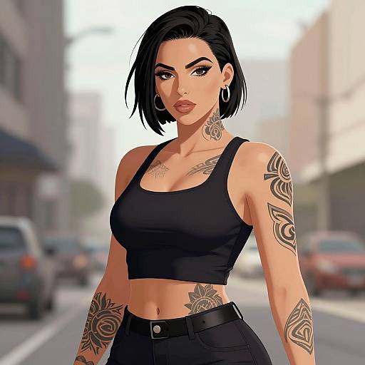 Digital illustration of a tattooed, black-haired woman in a black crop top and high-waisted pants, standing on a blurred city street. She