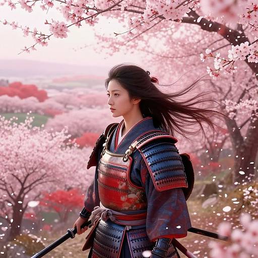 Elegant Asian warrior woman with long black hair, wearing traditional samurai armor, stands amidst blooming cherry blossom trees, holding a sword. Photographic