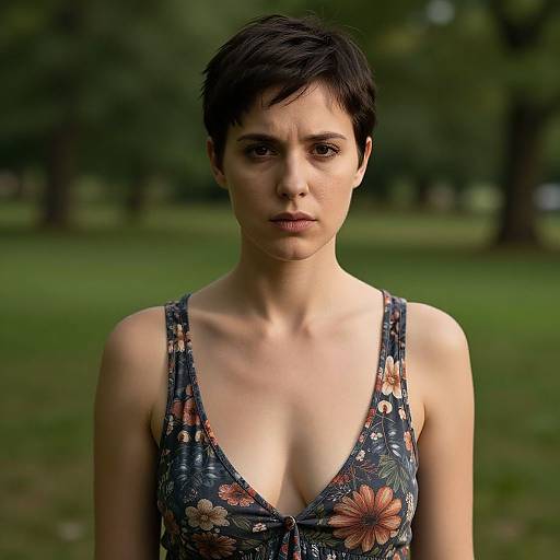 Photograph of a short-haired woman with fair skin wearing a floral tank top, standing in a blurred green park background. She has a serious expression and
