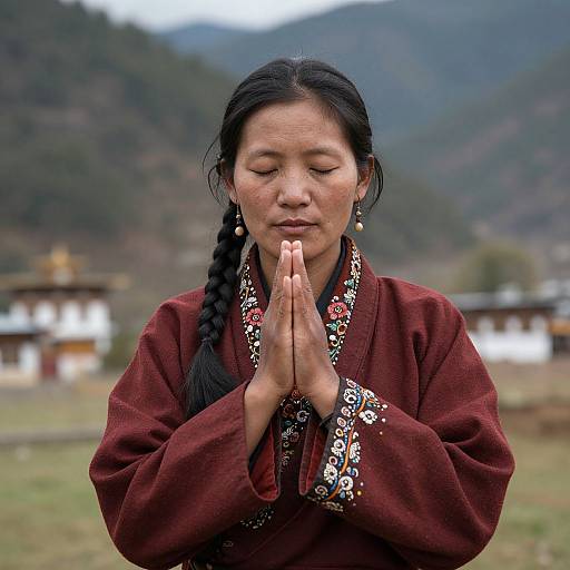 Photograph of an Asian woman with closed eyes, long black braid, wearing a maroon traditional dress with intricate floral embroidery, praying with hands together