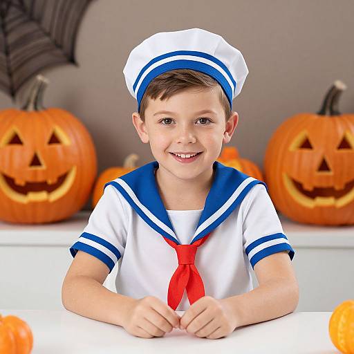 Photograph of a smiling young boy in a white sailor uniform with blue stripes and red neckerchief, wearing a sailor hat, in front of carved