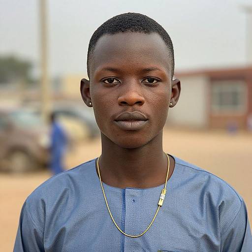 Photograph of a young African man with short hair, dark skin, wearing a blue shirt and gold necklace, standing outdoors with a blurred background.